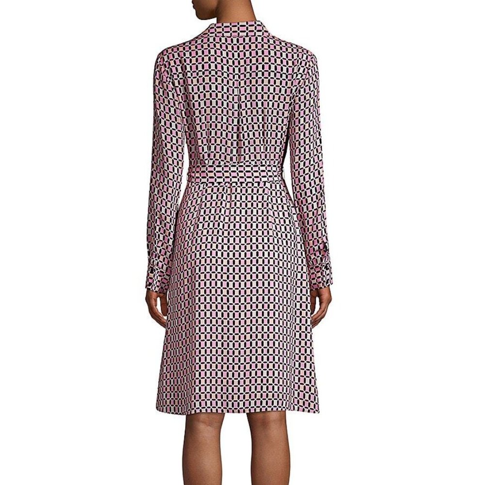 Elie Tahari Saxon Geometric Print Tie Waist Shirtdress Dress in Canyon Rose - Picture 3 of 9